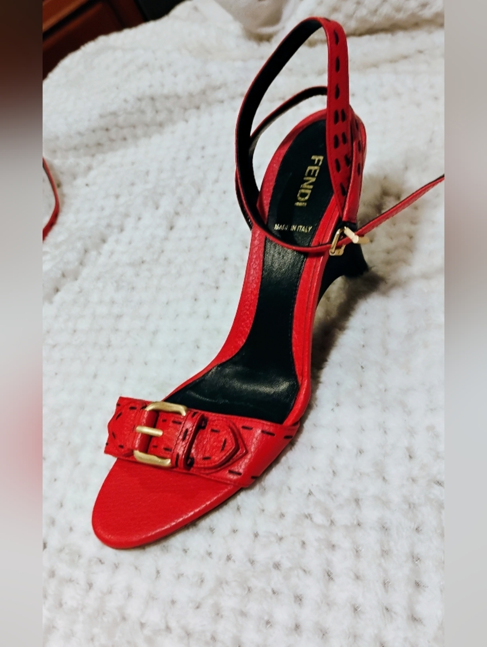Fendi Red Leather Open Toe Ankle Strap Heels with Gold Buckle Medium Heel - Picture 4 of 5